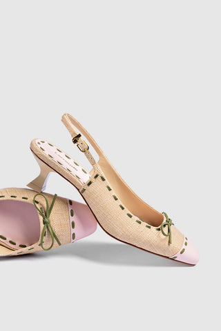 Slingback Jenny Ráfia Bege e Couro Rosa e Verde Womens - Shoes - Pumps Larroudé