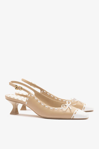 Slingback Jenny Couro Bege e Couro Verniz Branco Womens - Shoes - Pumps Larroudé