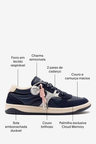 Tênis George Couro Azul, Prateado e Off White