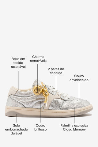 Tênis George Couro Prateado e Off White