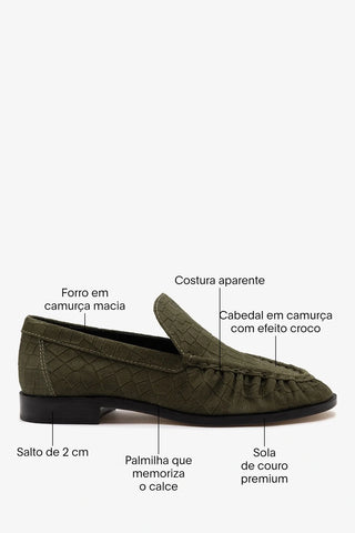 Mocassim Margaux Camurça Croco Verde Loafer Larroudé