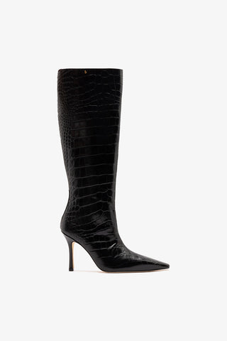 Bota Carine Couro Croco Preto Boot Larroudé