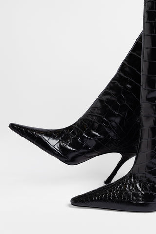 Bota Carine Couro Croco Preto Boot Larroudé