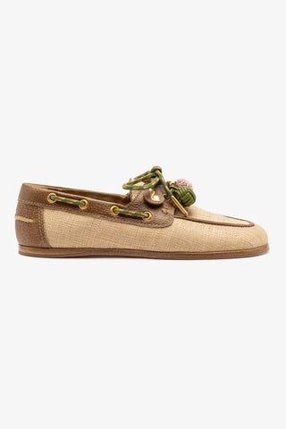Mocassim Boat Shoe Cyprus Ráfia Bege e Couro Marrom