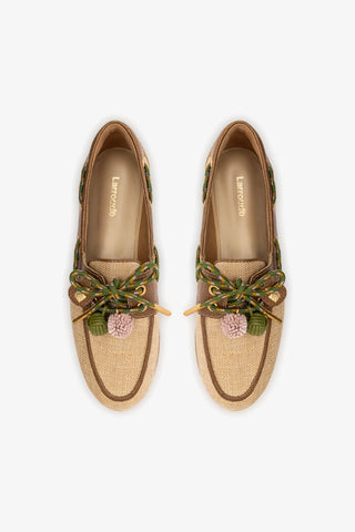 Mocassim Boat Shoe Cyprus Ráfia Bege e Couro Marrom