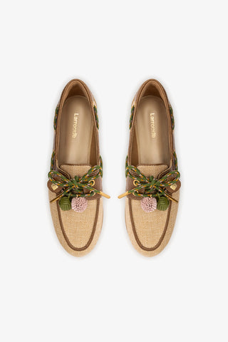 Mocassim Boat Shoe Cyprus Ráfia Bege e Couro Marrom