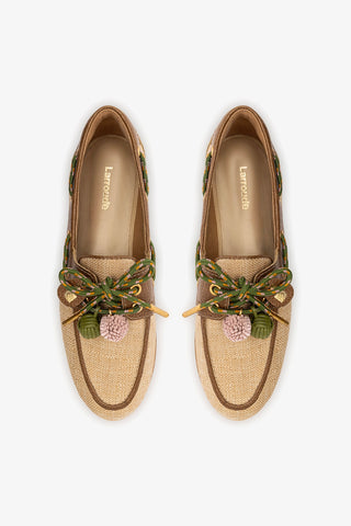 Mocassim Boat Shoe Cyprus Ráfia Bege e Couro Marrom Loafer Larroudé