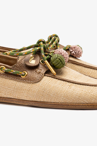 Mocassim Boat Shoe Cyprus Ráfia Bege e Couro Marrom