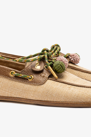 Mocassim Boat Shoe Cyprus Ráfia Bege e Couro Marrom