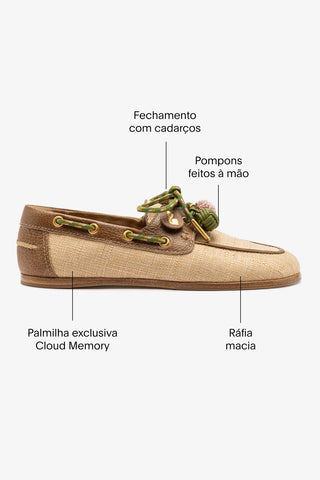 Mocassim Boat Shoe Cyprus Ráfia Bege e Couro Marrom