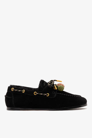 Mocassim Boat Shoe Cyprus Camurça e Lã Preto Loafer Larroude