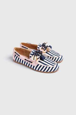 Mocassim Boat Shoe Cyprus Lona Listrada Azul e Couro Rosa Womens - Shoes - Loafers Larroudé