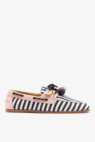 Mocassim Boat Shoe Cyprus Lona Listrada Azul e Couro Rosa Womens - Shoes - Loafers Larroudé