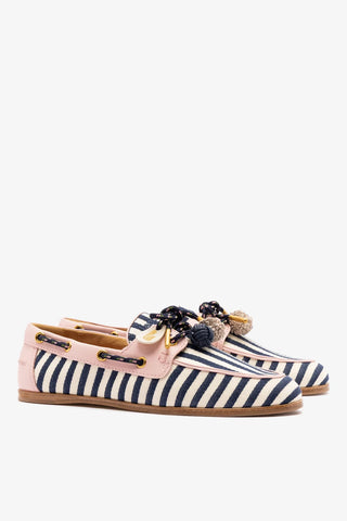 Mocassim Boat Shoe Cyprus Lona Listrada Azul e Couro Rosa Womens - Shoes - Loafers Larroudé