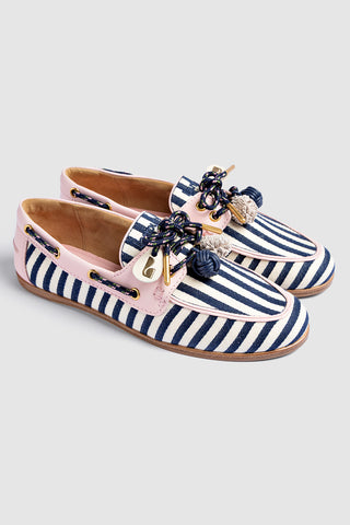 Mocassim Boat Shoe Cyprus Lona Listrada Azul e Couro Rosa Loafer Larroudé