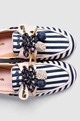 Mocassim Boat Shoe Cyprus Lona Listrada Azul e Couro Rosa Loafer Larroudé