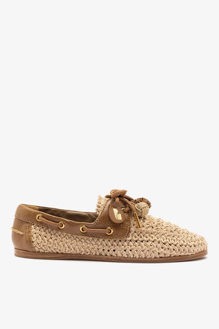 Mocassim Boat Shoe Cyprus Crochê Natural e Couro Marrom