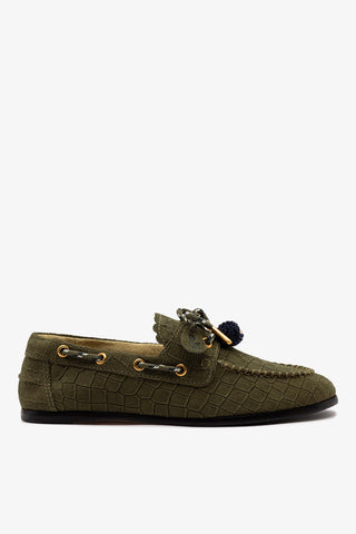 Mocassim Boat Shoe Cyprus Camurça Croco Verde Loafer Larroudé