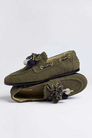 Mocassim Boat Shoe Cyprus Camurça Croco Verde Loafer Larroudé