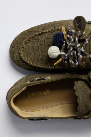 Mocassim Boat Shoe Cyprus Camurça Croco Verde Loafer Larroudé