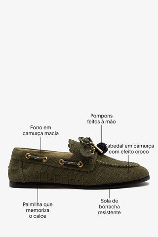 Mocassim Boat Shoe Cyprus Camurça Croco Verde Loafer Larroudé