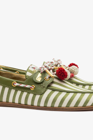 Mocassim Boat Shoe Cyprus Lona Listrada Verde Loafer Larroudé
