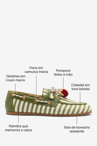 Mocassim Boat Shoe Cyprus Lona Listrada Verde Loafer Larroudé