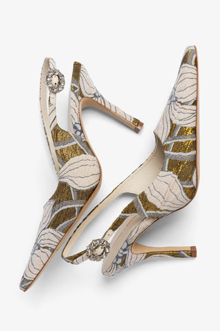 Larroudé by Markarian: Slingback Carine Jacquard Floral Dourado