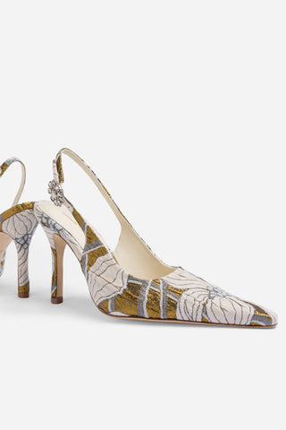Larroudé by Markarian: Slingback Carine Jacquard Floral Dourado
