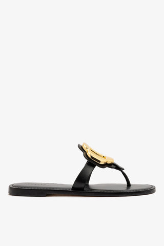 Sandália Flat Margherita Couro Preto e Metal Dourado Womens - Shoes - Flats Larroudé