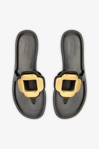 Sandália Flat Margherita Couro Preto e Metal Dourado Flat Sandal Larroudé