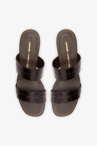Larroudé x Kenneth Cole: Mule Couro Croco Marrom Sandal Larroudé x Kenneth Cole