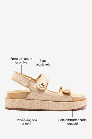 Sandália Jetty Ráfia Natural e Couro Bege Flat Sandal Larroudé