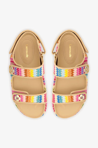 Sandália Jetty Ráfia Multicor e Couro Bege