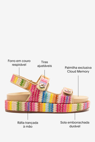 Sandália Jetty Ráfia Multicor e Couro Bege