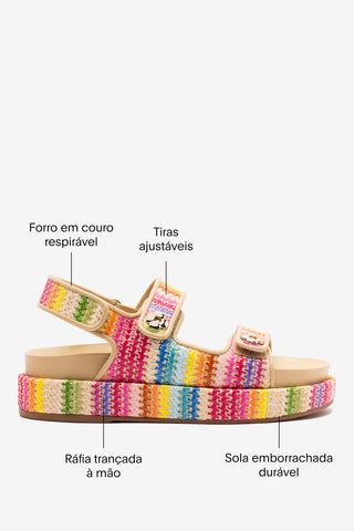 Sandália Jetty Ráfia Multicor e Couro Bege Flat Sandal Larroudé