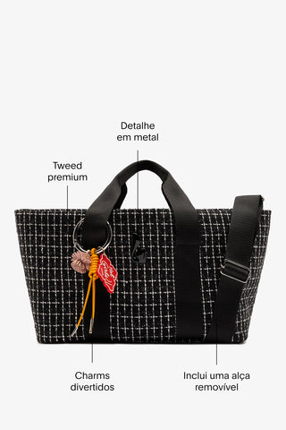 Bolsa Tote Bag Americana Tweed Estampado Preto e Branco Handbags Larroudé