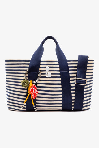 Bolsa Tote Bag Americana Lona Listrada Azul e Natural
