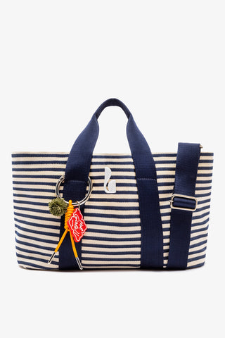 Bolsa Tote Bag Americana Lona Listrada Azul e Natural