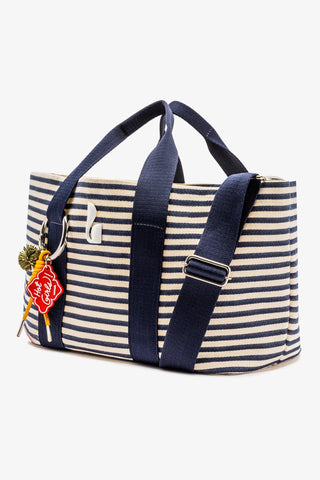 Bolsa Tote Bag Americana Lona Listrada Azul e Natural