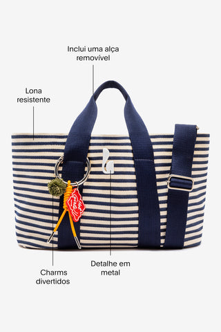 Bolsa Tote Bag Americana Lona Listrada Azul e Natural