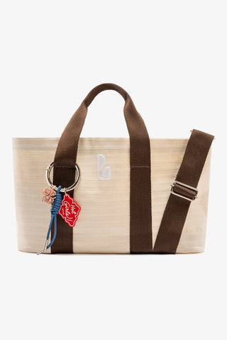 Bolsa Tote Bag Americana Lona Listrada Off White e Marrom
