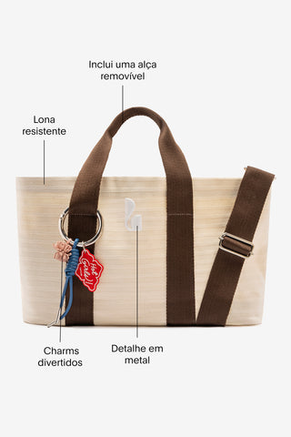 Bolsa Tote Bag Americana Lona Listrada Off White e Marrom