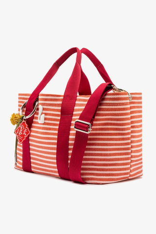 Bolsa Tote Bag Americana Lona Listrada Rosa, Vermelho e Bordô