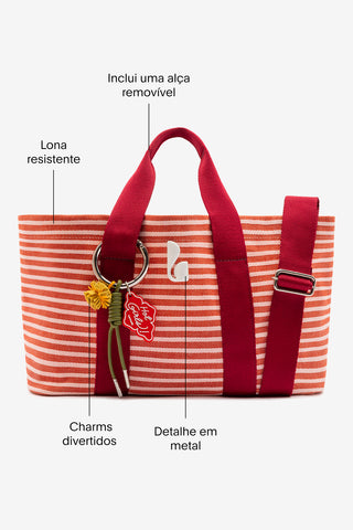 Bolsa Tote Bag Americana Lona Listrada Rosa, Vermelho e Bordô