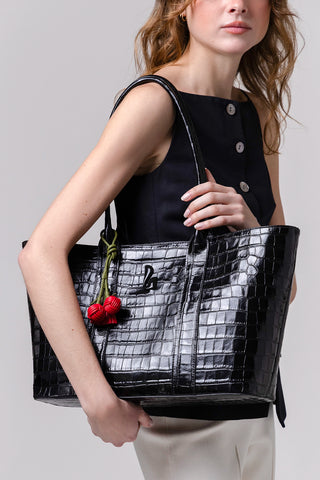 Bolsa Tote Bag City Couro Croco Preto Bag Larroudé
