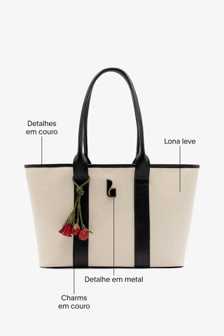 Bolsa Tote Bag City Lona Natural e Couro Preto ABC