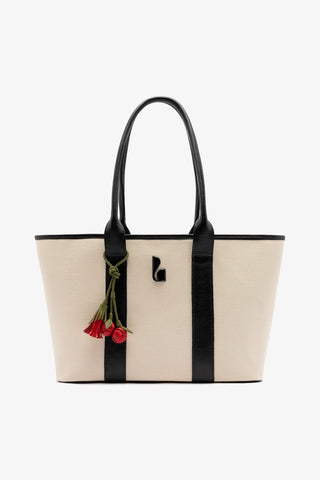 Bolsa Tote Bag City Lona Natural e Couro Preto Bag Larroudé