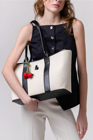 Bolsa Tote Bag City Lona Natural e Couro Preto Bag Larroudé