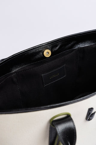 Bolsa Tote Bag City Lona Natural e Couro Preto Bag Larroudé